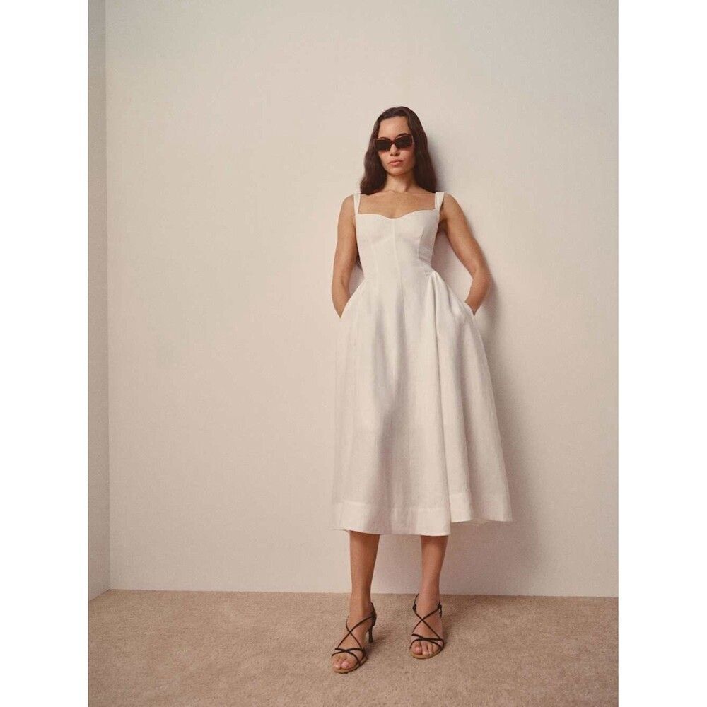 NWOT Reformation White Birdie Linen Dress , Sweetheart Midi Dress with Pockets - Picture 2 of 16